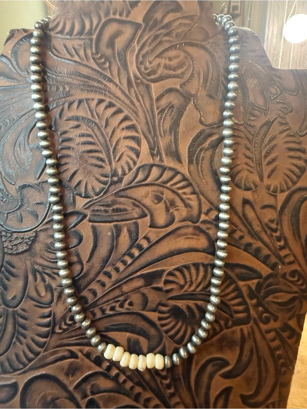Beaded Necklace with Silver and Cream Accents